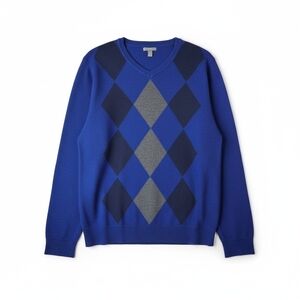 Apt. 9 100% Cashmere Argyle V-Neck Sweater - Blue & Gray XL